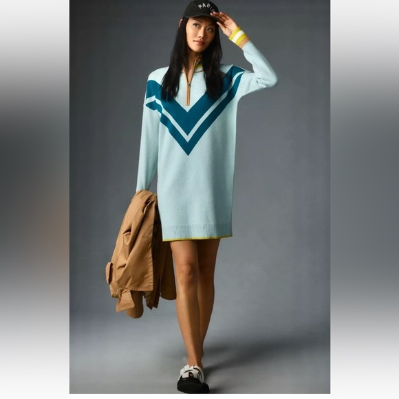 Anthropologie Sweaters - Anthropologie Maeve Varsity Half Zip Tunic Mini Sweater Dress Aqua Teal